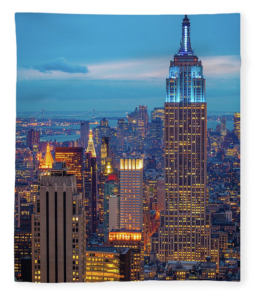 America Fleece Blanket featuring the photograph Empire State Blue Night by Inge Johnsson