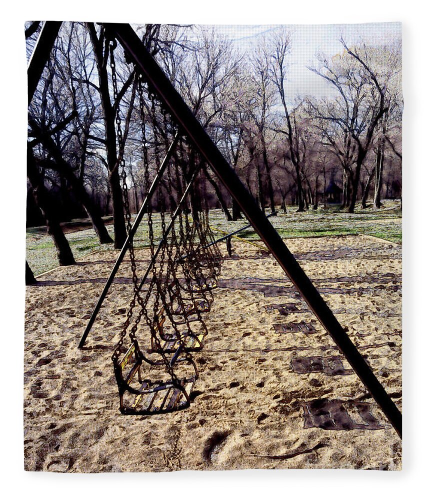 Swings Fleece Blanket featuring the mixed media Empty Swings in the Park by Kae Cheatham