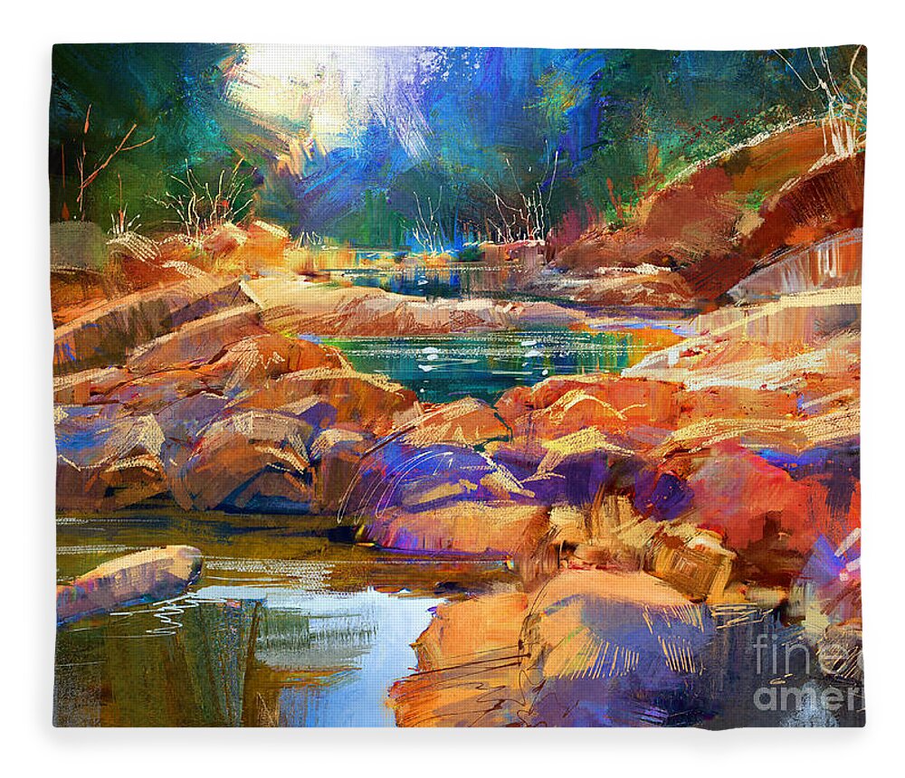 Abstract Fleece Blanket featuring the painting Enchanted Creek by Tithi Luadthong