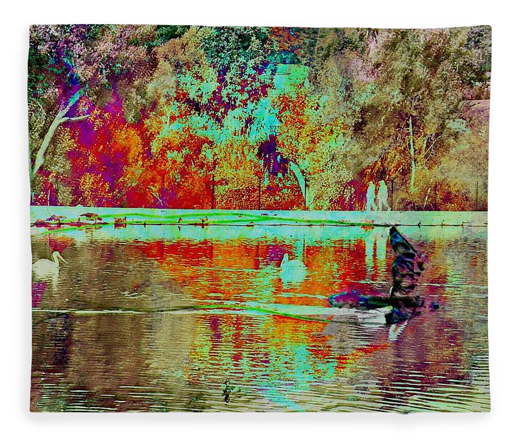 Enchanted Lake Abstract Photograph Silhouettes People Trees Water Ducks Wake Turquoise Orange Brown Red Tan Glass Bird Green Black Sandiego California Fleece Blanket featuring the digital art Enchanted Lake Abstract by Kathleen Boyles