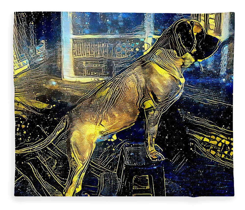 English Mastiff Fleece Blanket featuring the digital art English Mastiff climbing a ladder - starry blue with yellow colorful painting by Nicko Prints