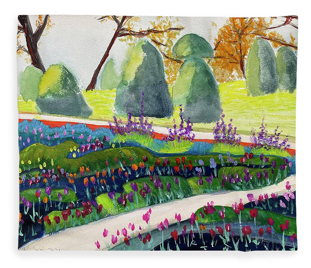 Tulips Fleece Blanket featuring the painting English Tulip Garden by Roxy Rich