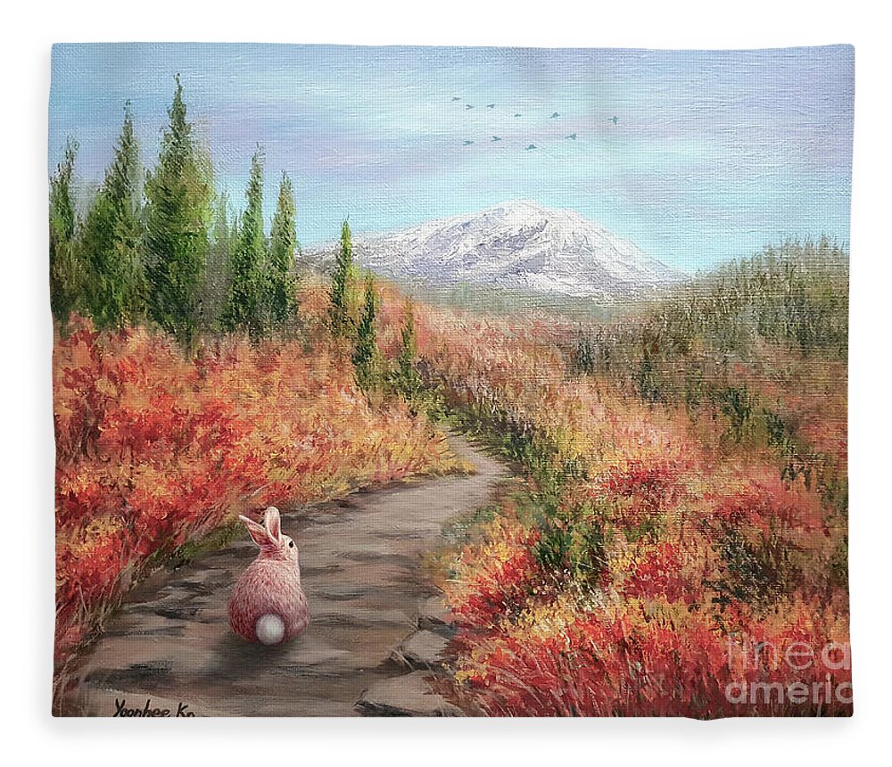 Hiking Bunny Fleece Blanket featuring the painting Enter Autumn by Yoonhee Ko