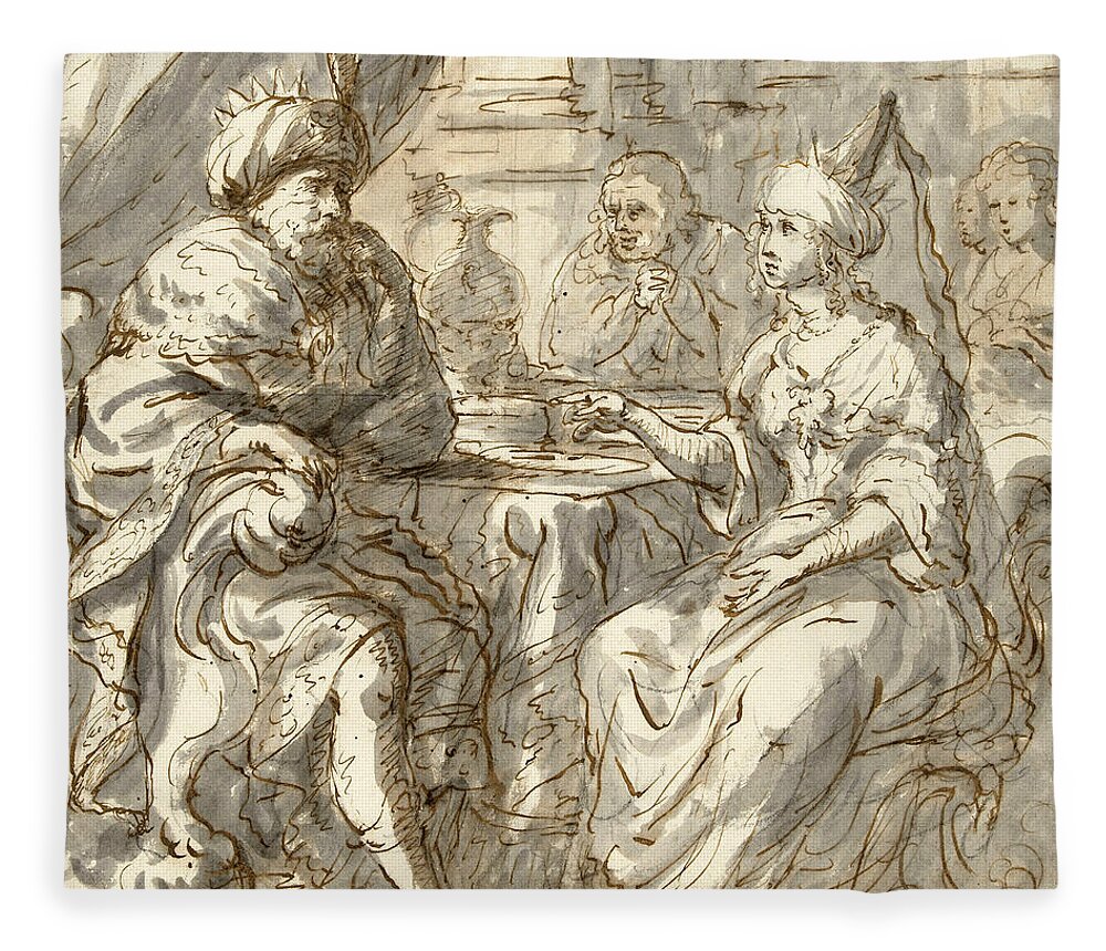 Zacharias Blijhooft Fleece Blanket featuring the drawing Esther's Banquet by Zacharias Blijhooft