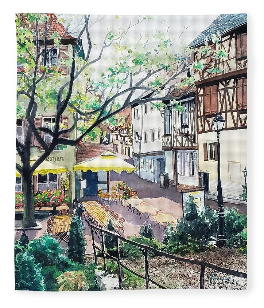 Colmar Fleece Blanket featuring the painting European Outdoor Dining by Merana Cadorette