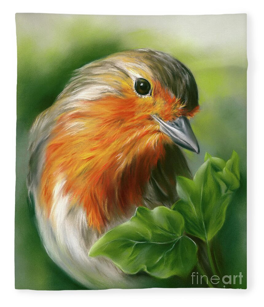 Bird Fleece Blanket featuring the painting European Robin with Ivy Leaves by MM Anderson