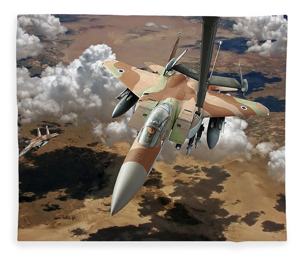 F-15 Fleece Blanket featuring the digital art F-15I Ra'am Refueling froma KC-10 Extender by Custom Aviation Art