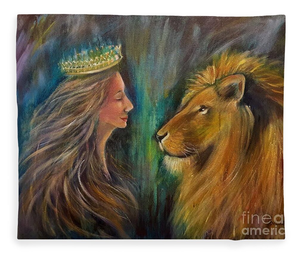 Lion Fleece Blanket featuring the mixed media Face To Face by Deborah Nell