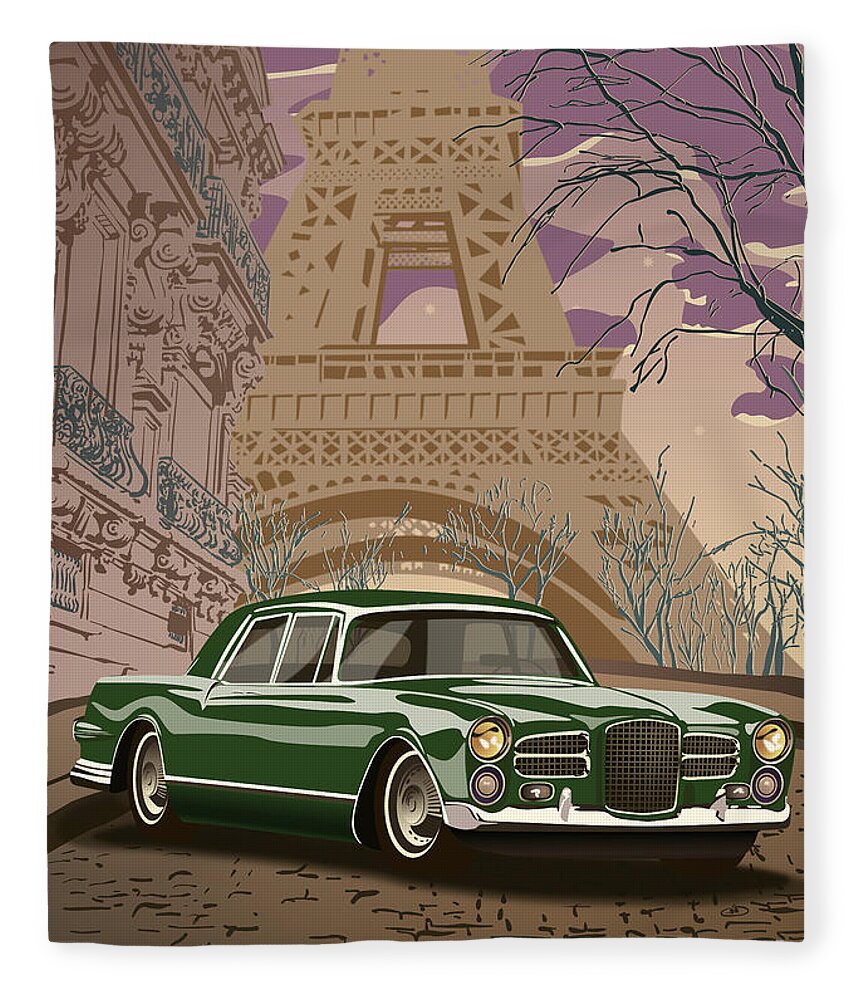 Art Deco Fleece Blanket featuring the digital art Facel Vega - Paris est a nous. Classic Car Art Deco Style Poster Print Green Edition by Moospeed Art