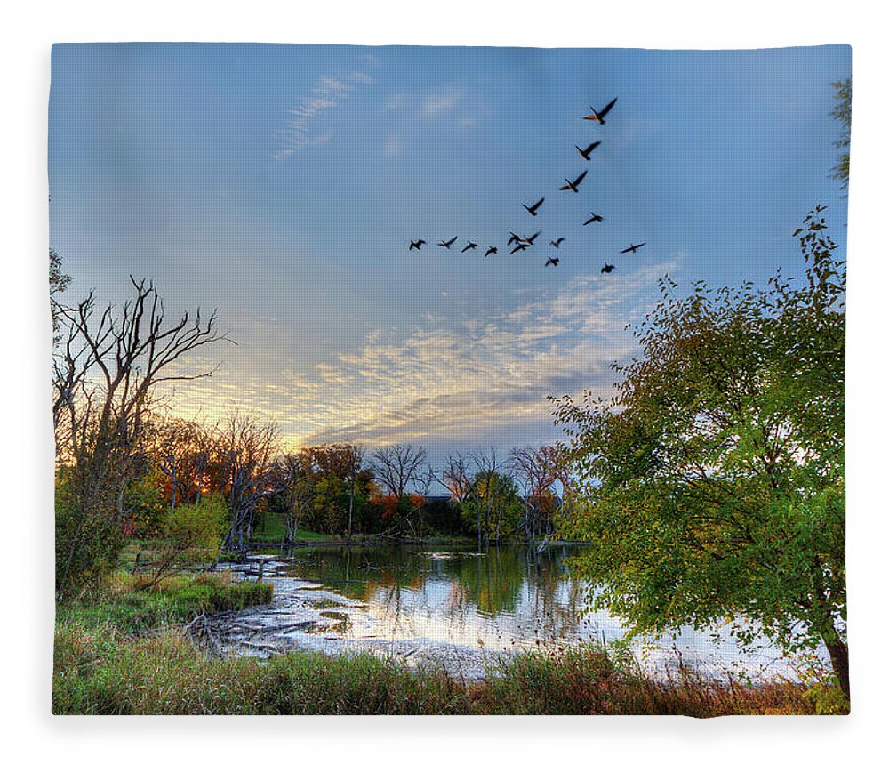 Geese Pond Autumn Fall Trees Color Horizontal Landscape Scenic Blue Green Goose Hunting Sunset Fleece Blanket featuring the photograph Fall Flight by Peter Herman