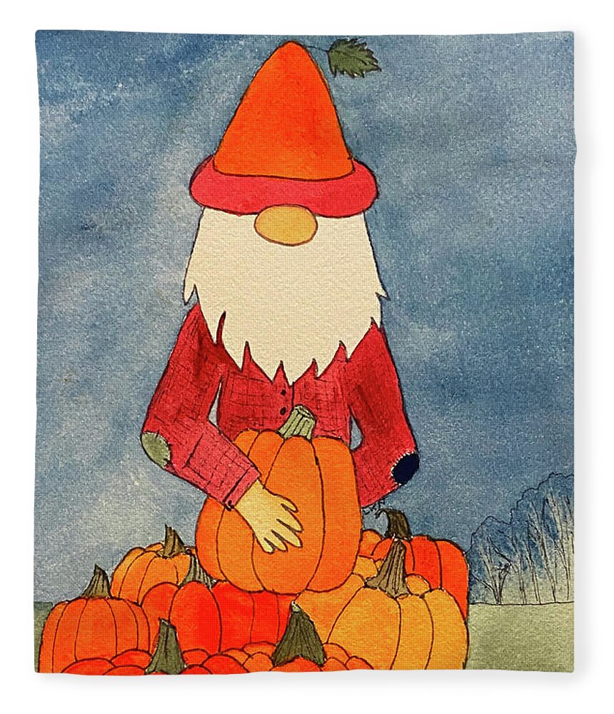 Fall Fleece Blanket featuring the mixed media Fall Gnome with Pumpkins by Lisa Neuman