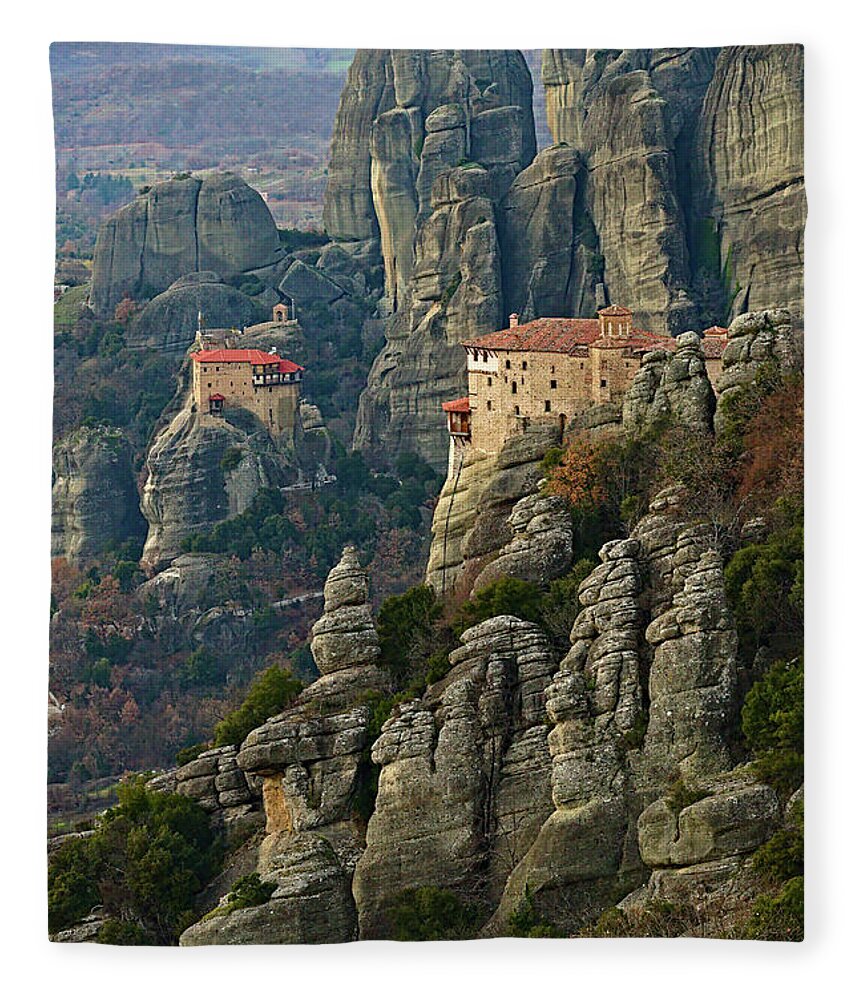 Meteora Fleece Blanket featuring the photograph Fall in Meteora by Sean Hannon