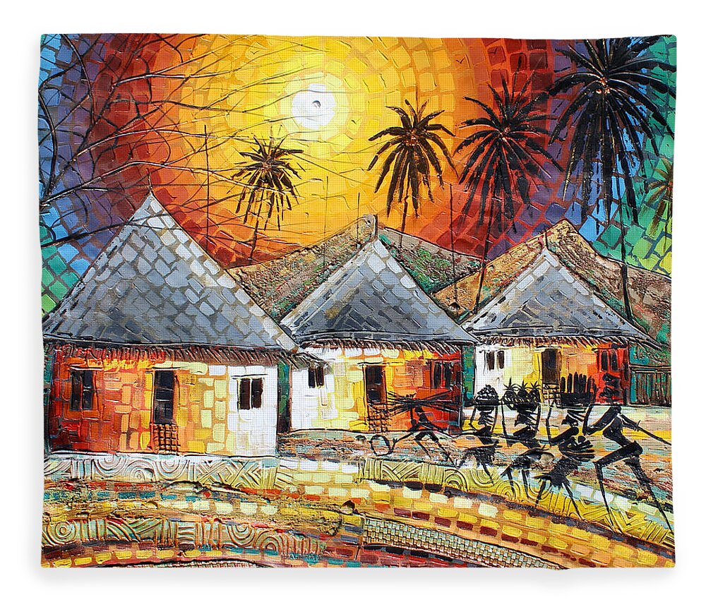 Africa Fleece Blanket featuring the painting Family from the Farm by Paul Gbolade Omidiran