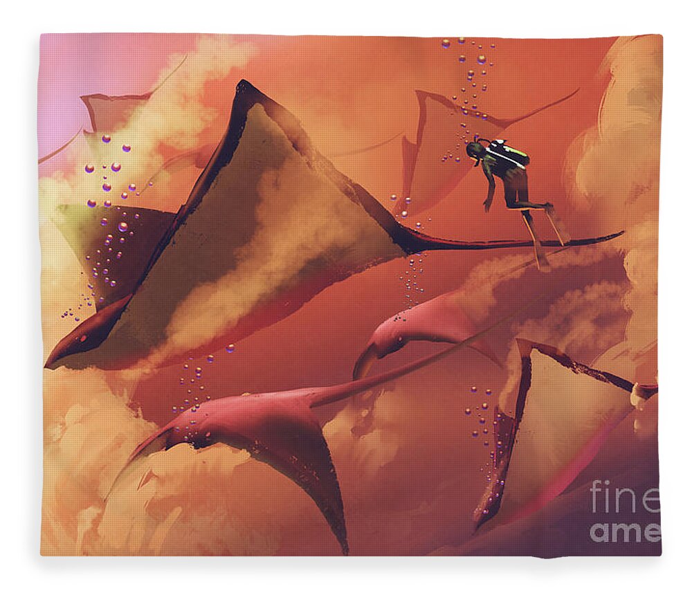 Acrylic Fleece Blanket featuring the painting Fantasy Mantas by Tithi Luadthong