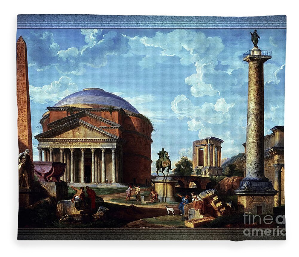 Architectural Fantasy Fleece Blanket featuring the painting Fantasy View with the Pantheon and other Monuments of Old Rome by Rolando Burbon