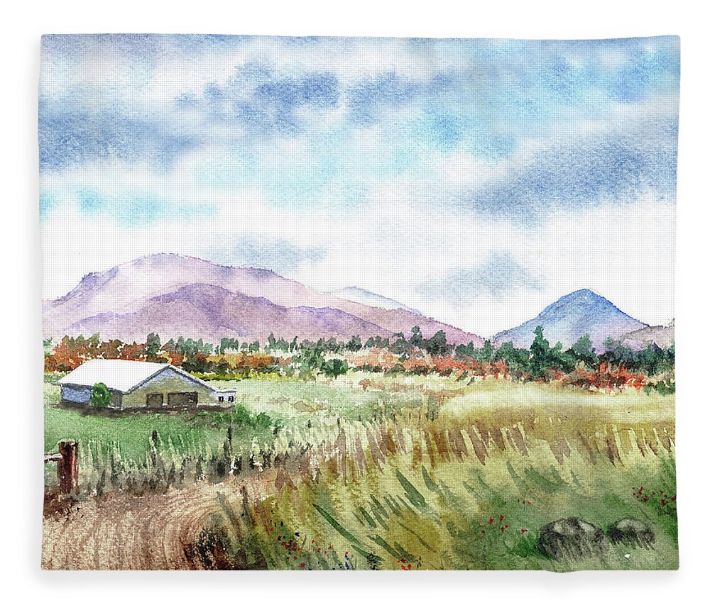 Barn Fleece Blanket featuring the painting Farm Barn Mountains Road In The Field Watercolor Impressionism by Irina Sztukowski