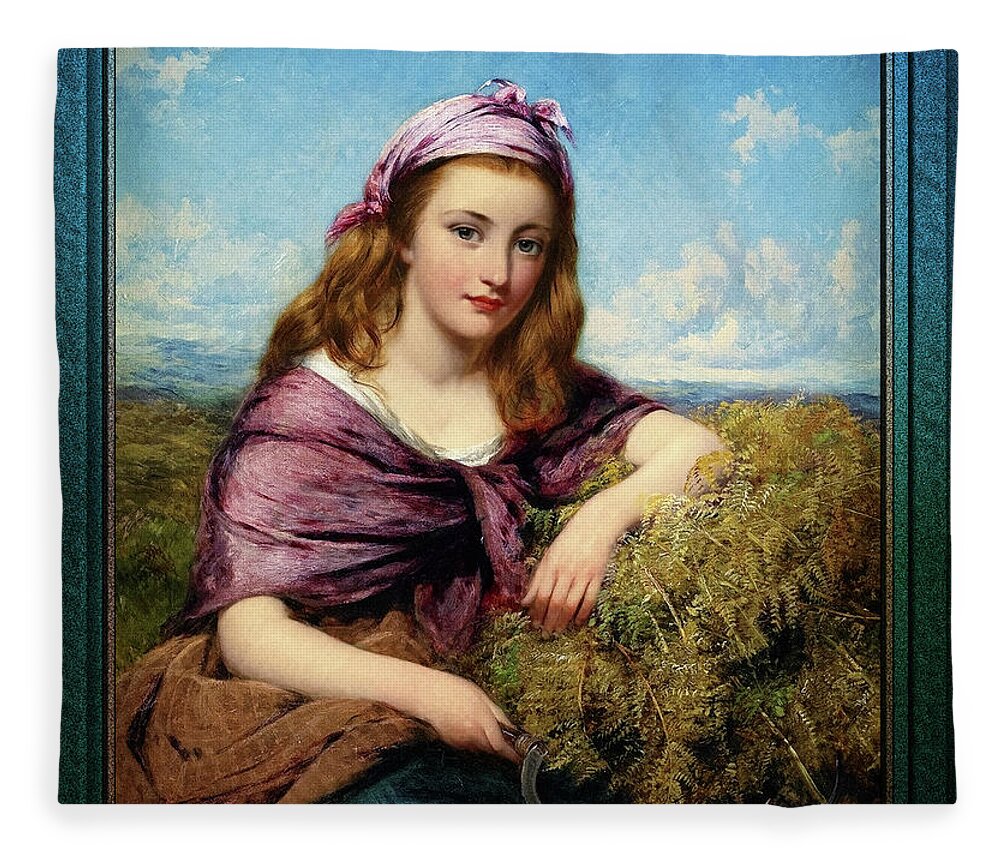 Farm Girl Fleece Blanket featuring the painting Farm Girl with Sickle and Cut Flowers by Edward John Cobbett Classical Art Old Masters Reproduction by Rolando Burbon