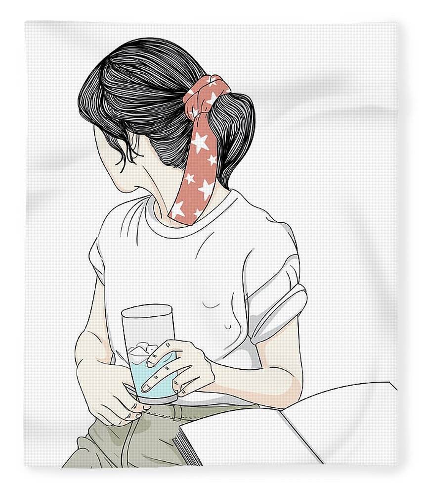 Graphic Fleece Blanket featuring the digital art Fashion Girl Sitting In A Cafe Reading A Book - Line Art Graphic Illustration Artwork by Sambel Pedes