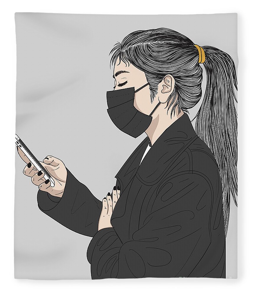 Graphic Fleece Blanket featuring the digital art Fashion Woman With A Mask Holding A Phone - Line Art Graphic Illustration Artwork by Sambel Pedes