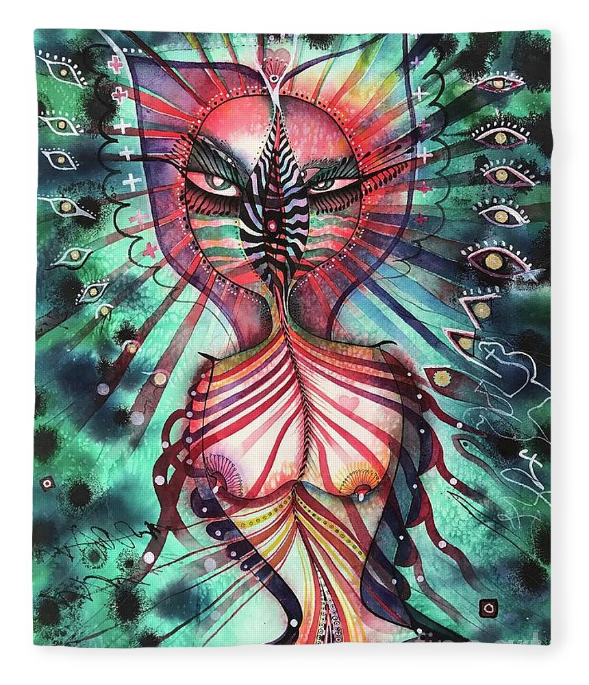 #felinegalaxygoddess #watercolor #painting #iconseries #fantasyart #alienart #symbolicart #cosmicart Fleece Blanket featuring the painting Feline Galaxy Goddess by Glen Neff