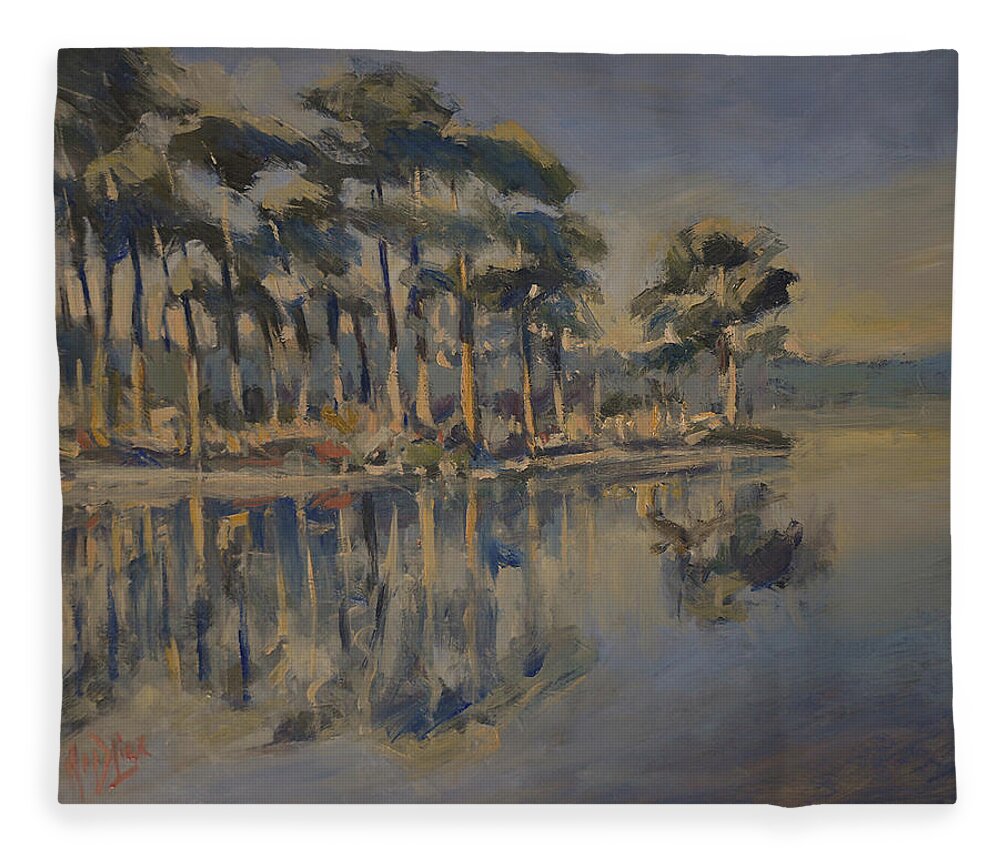 Fen Fleece Blanket featuring the painting Fen with pine trees by Nop Briex