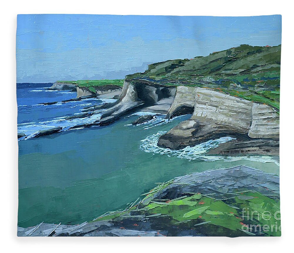 Santa Cruz Fleece Blanket featuring the painting Fern Cove - Wilder Ranch by PJ Kirk