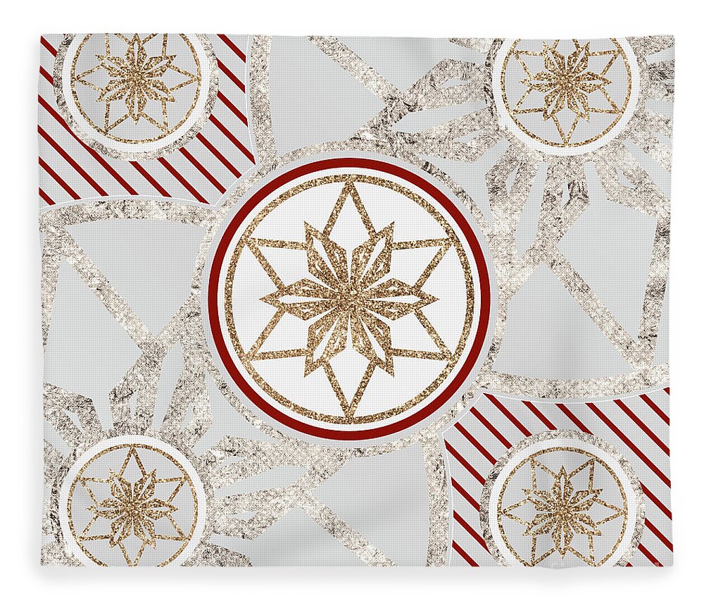 Abstract Fleece Blanket featuring the mixed media Festive Sparkly Geometric Glyph Art in Red Silver and Gold n.0077 by Holy Rock Design
