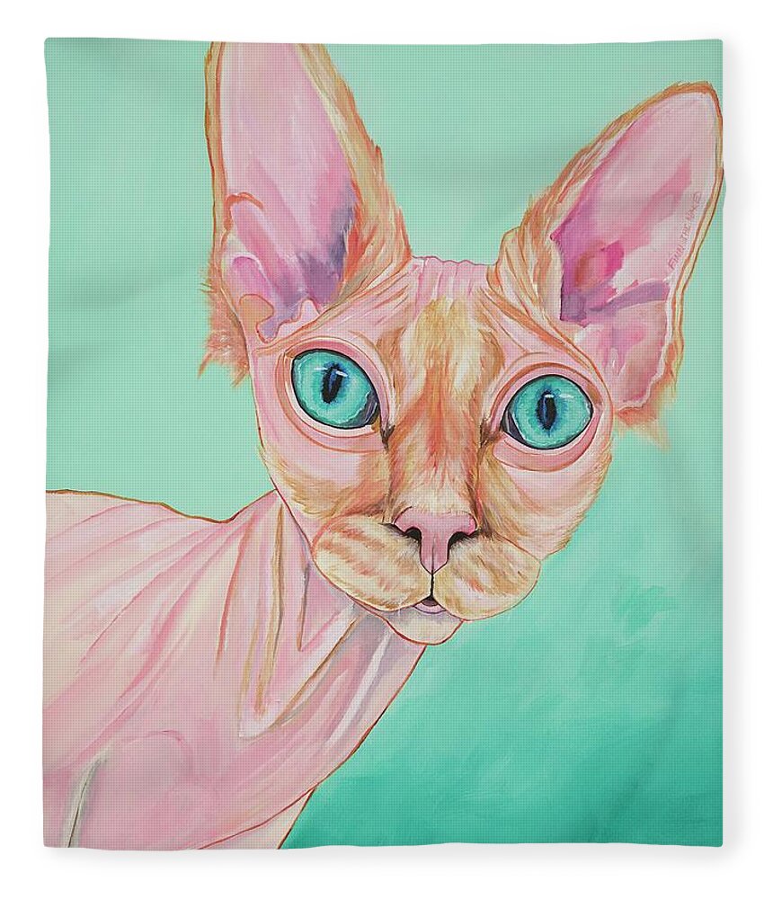 Sphynx Cat Fleece Blanket featuring the painting Finn The Naked by Patti Schermerhorn