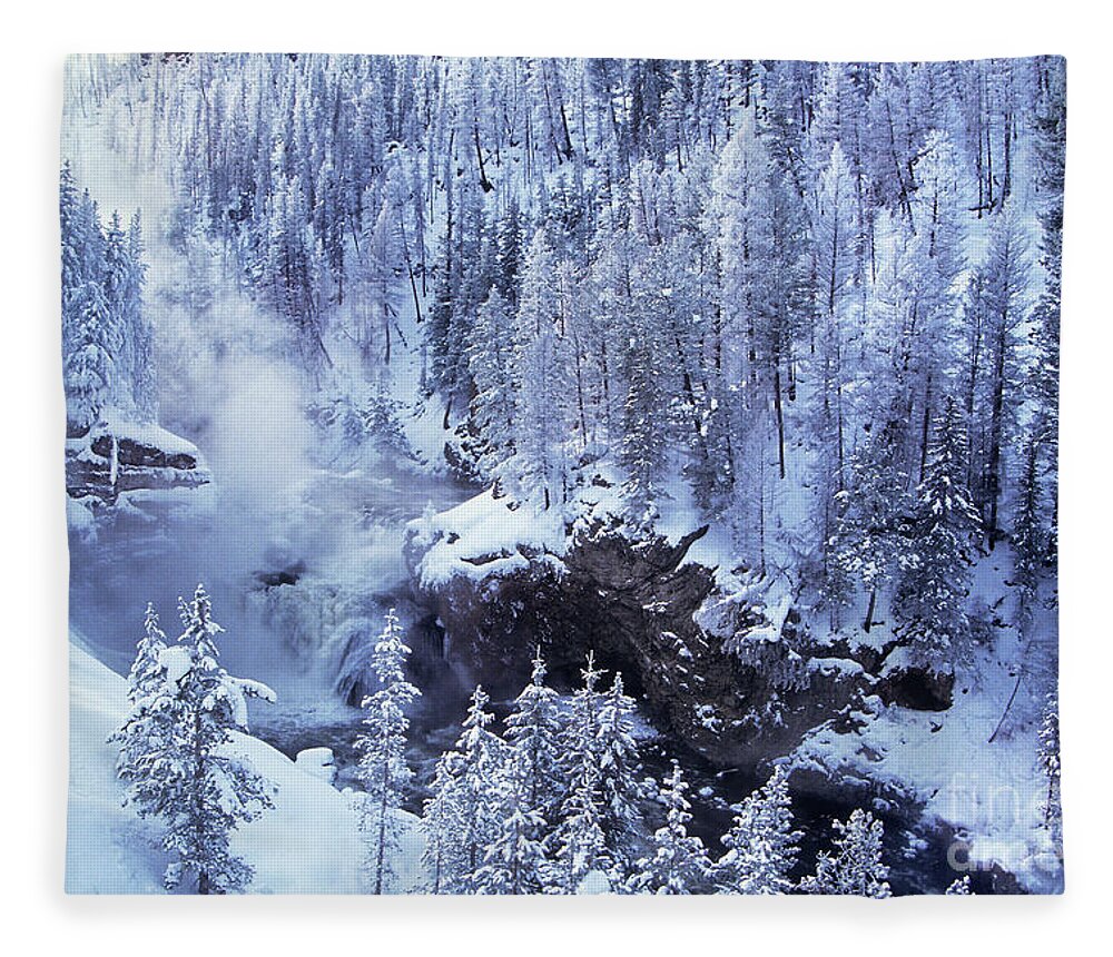 Dave Welling Fleece Blanket featuring the photograph Firehole Falls Winter Yellowstone National Park by Dave Welling