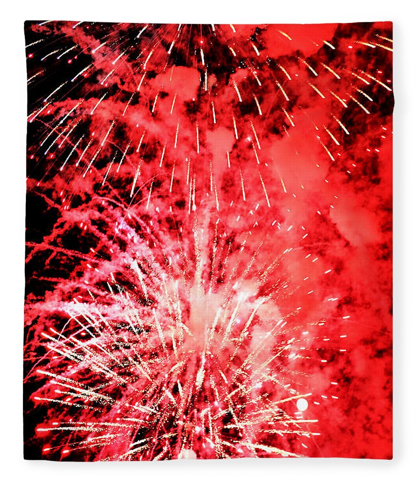 Fireworks Fleece Blanket featuring the photograph Fireworks on a Summer Night No.1 - Rocket Blossoms, Smoke Puffs, and a Plucky Little Moon by Steve Ember