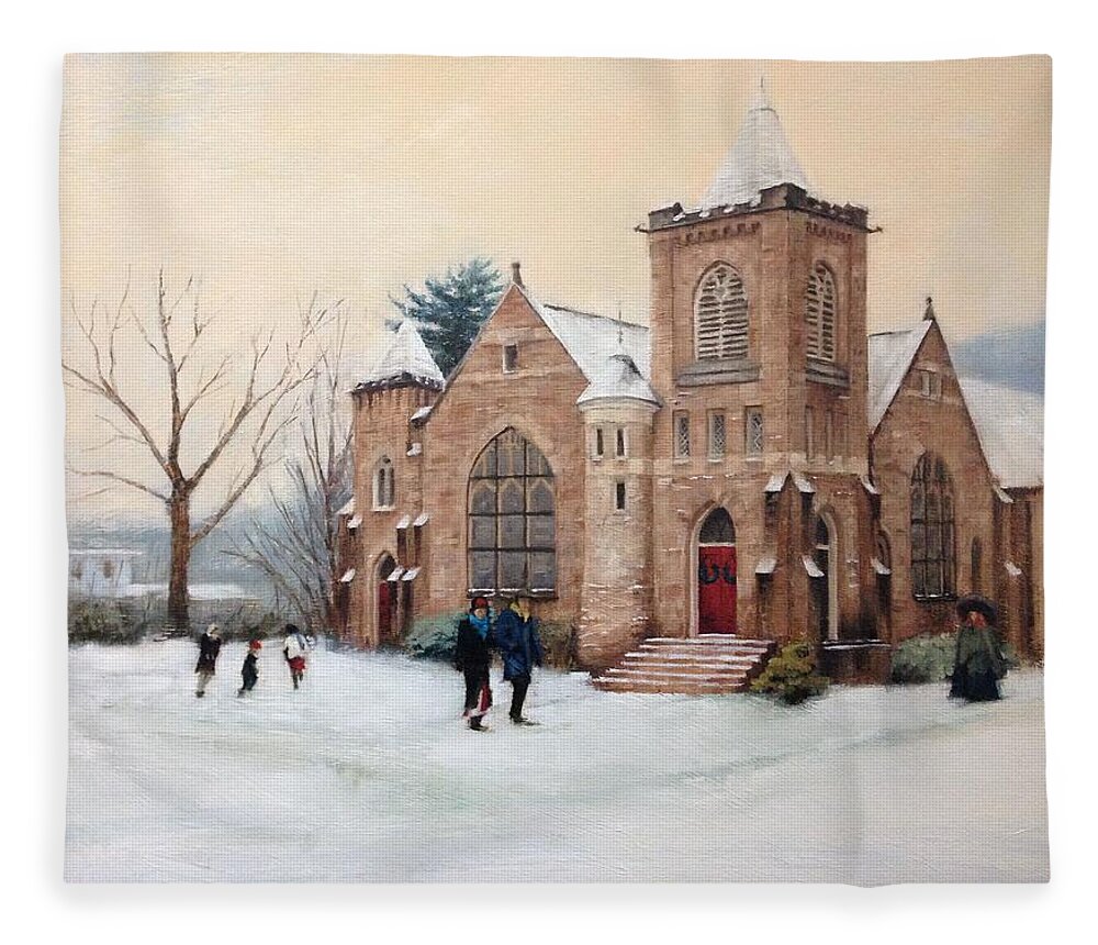 First Presbyterian Church Fleece Blanket featuring the painting First Presbyterian Church in Wellsboro by Bibi Snelderwaard Brion