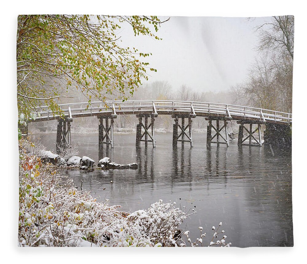 Old North Bridge Fleece Blanket featuring the photograph First Snow at the Old North Bridge by Kristen Wilkinson