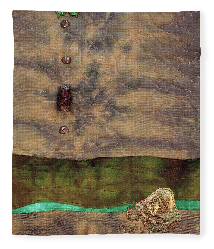 Fiber Art Fleece Blanket featuring the mixed media Fish and Game 2 by Vivian Aumond