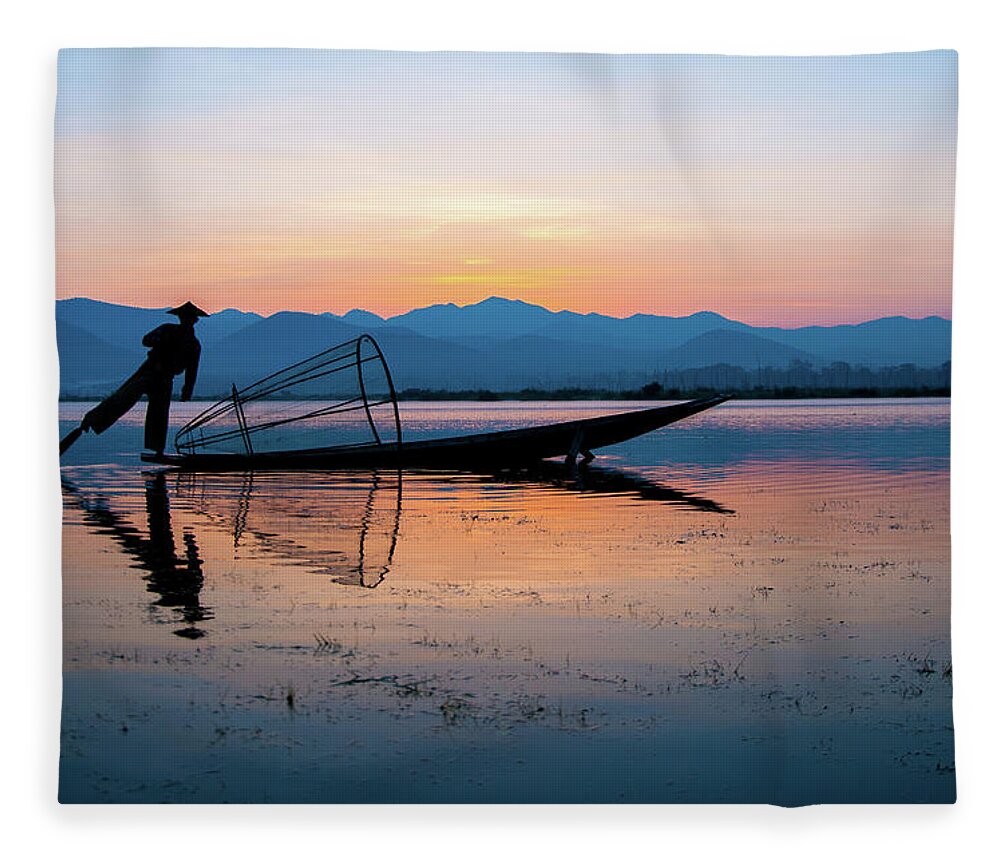 Fisherman Fleece Blanket featuring the photograph Fisherman at Inle Lake by Arj Munoz