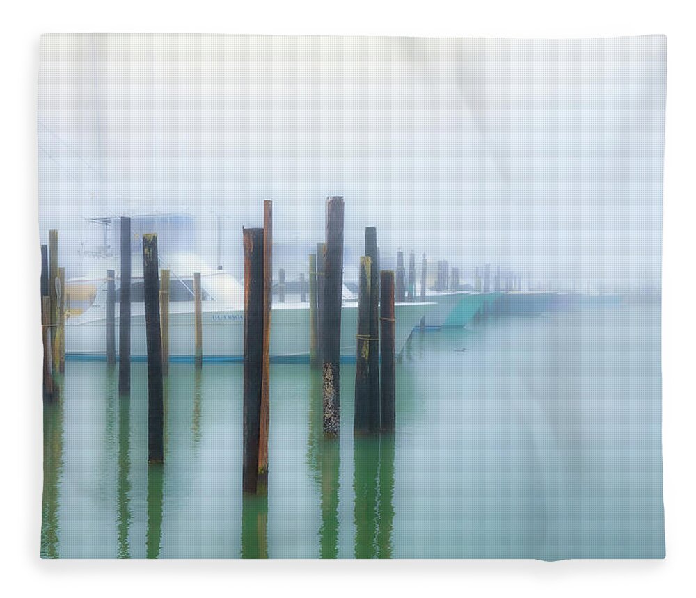 North Carolina Fleece Blanket featuring the photograph Fishing Boats in Morning Fog Horiz LS by Dan Carmichael