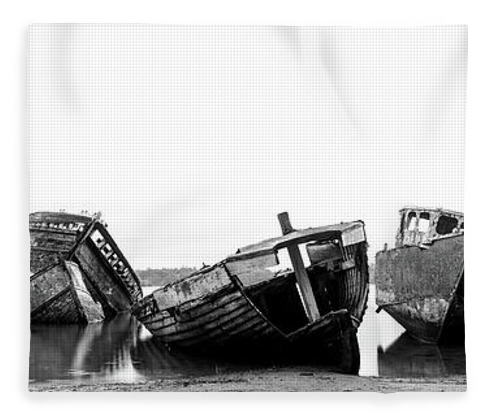 Panorama Fleece Blanket featuring the photograph Fishing Boats Shipwrecks Black and white by Sonny Ryse