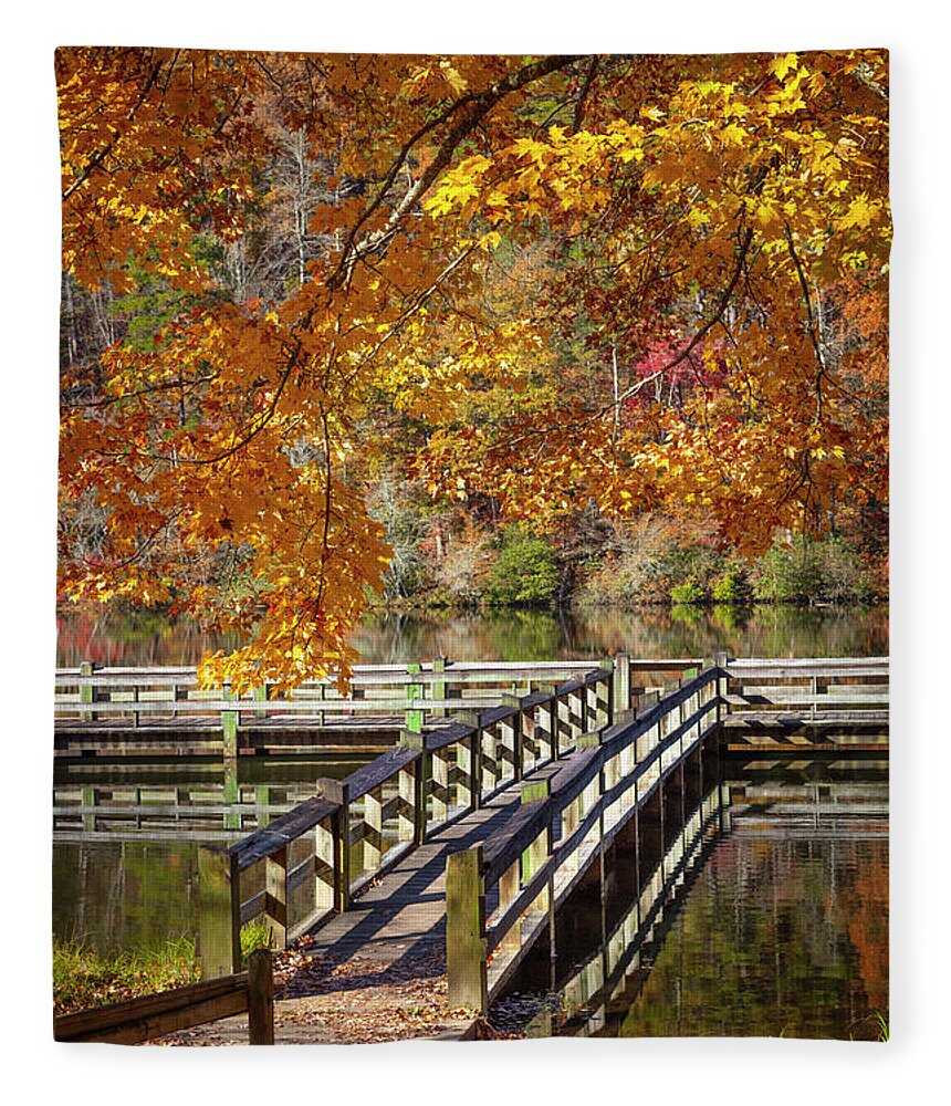 Carolina Fleece Blanket featuring the photograph Fishing Dock under the Maple Trees by Debra and Dave Vanderlaan