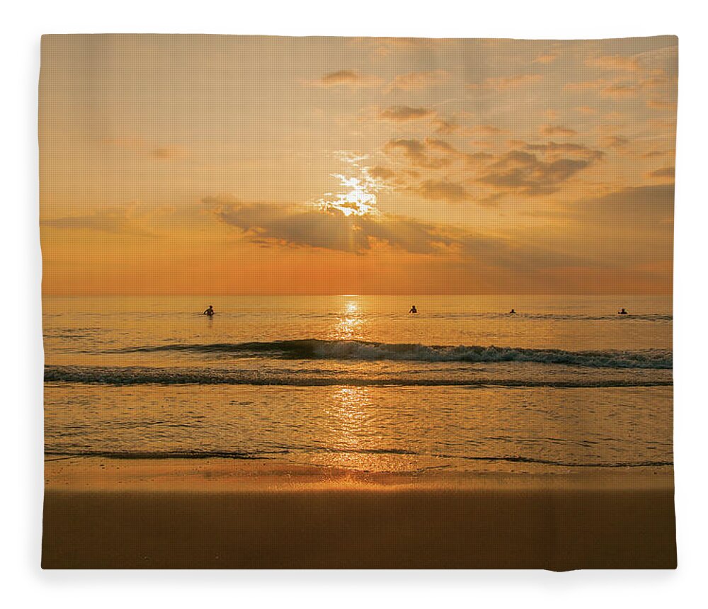 Surfing Fleece Blanket featuring the photograph Five Surfers at Sunrise by John Quinn