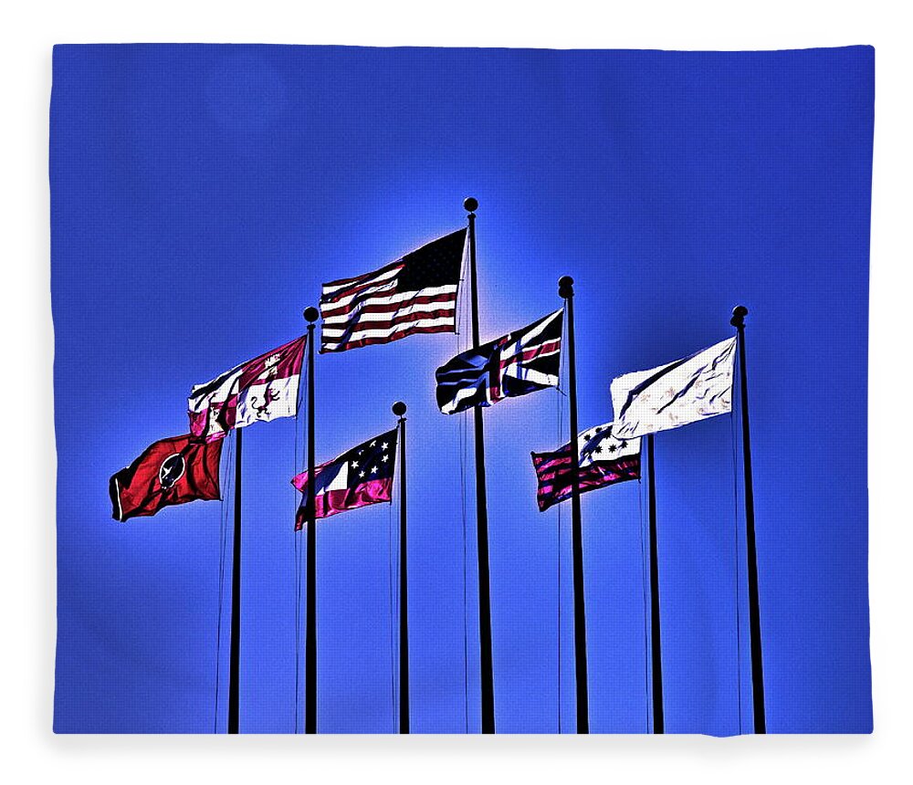 America Fleece Blanket featuring the digital art Flags Against A Dark Blue Sky by David Desautel
