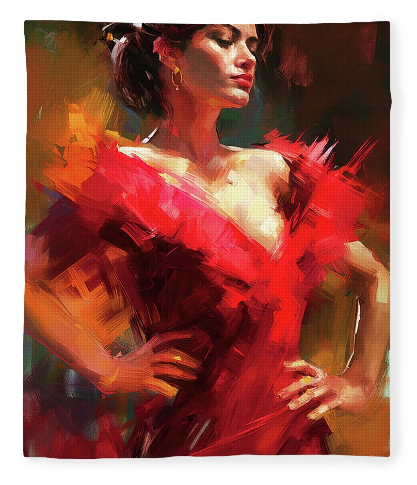 Flamenco Fleece Blanket featuring the painting Flamenco Dancer, 17 by AM FineArtPrints