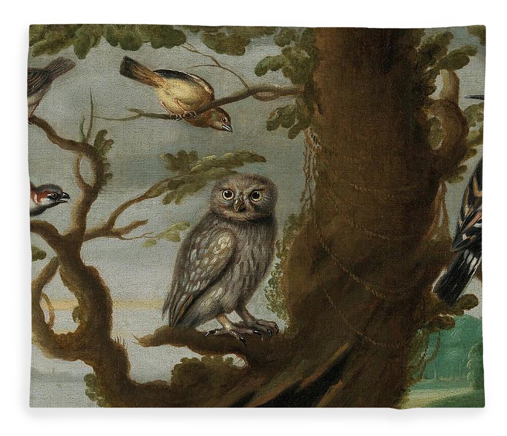 Travel Fleece Blanket featuring the painting Flemish School Century An owl and a hoopoe and other birds in a tree by MotionAge Designs