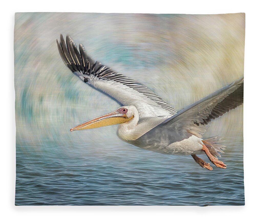 Great White Pelican Fleece Blanket featuring the photograph Flight of a Great White Pelican by Belinda Greb