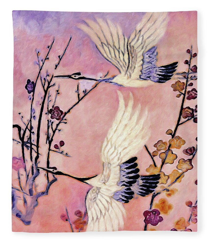 Flight Of The Cranes Fleece Blanket featuring the painting Flight of the Cranes - Kimono Series by Susan Maxwell Schmidt