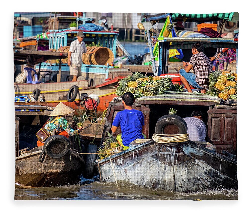 Cai Rang Fleece Blanket featuring the photograph Floating Market Scene by Arj Munoz