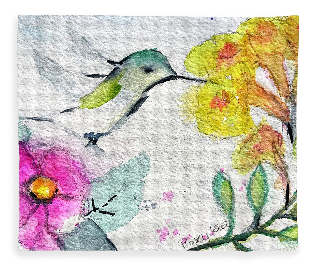 Hummingbird Fleece Blanket featuring the painting Floaty Hummingbird 3 by Roxy Rich