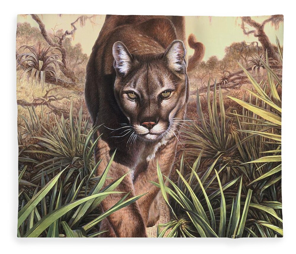 Florida Fleece Blanket featuring the painting Florida Panther by Hans Droog