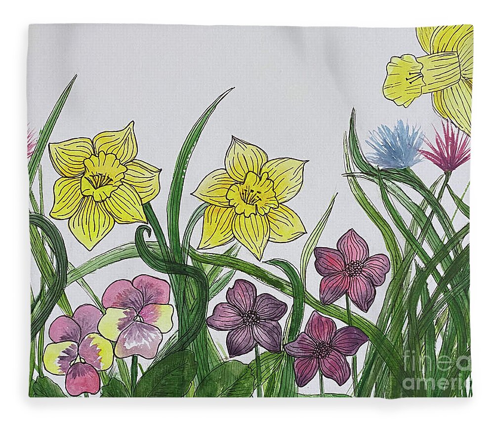 Daffodils Fleece Blanket featuring the mixed media Flower Garden by Lisa Neuman