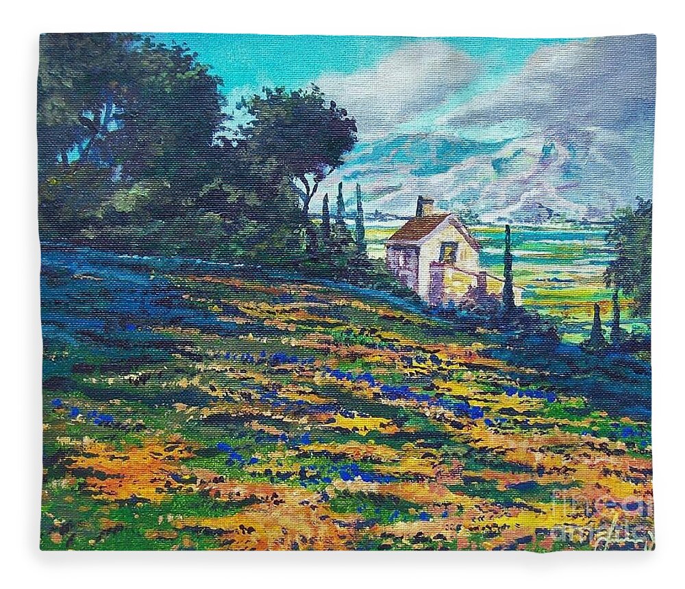Flower Hill Fleece Blanket featuring the painting Flower Hill by Sinisa Saratlic