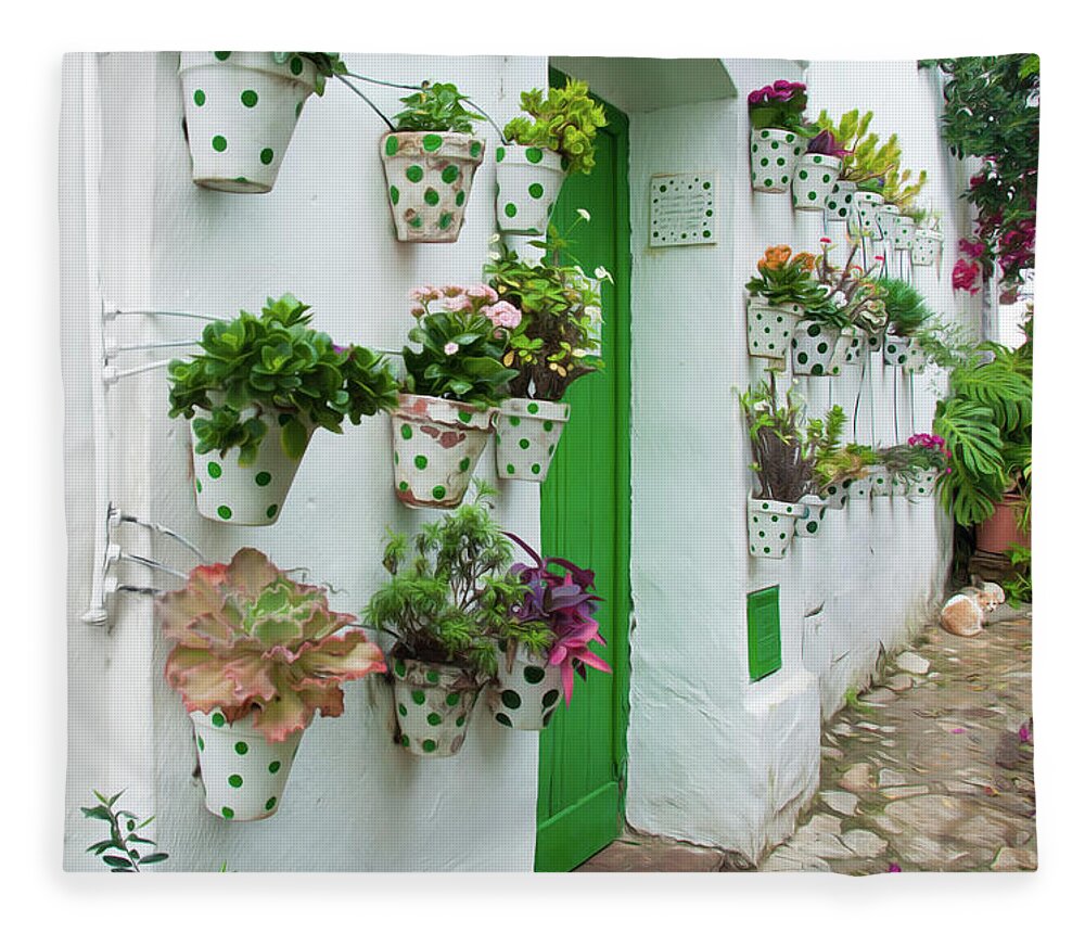 Spain Fleece Blanket featuring the digital art Flower Pots in Green by Naomi Maya