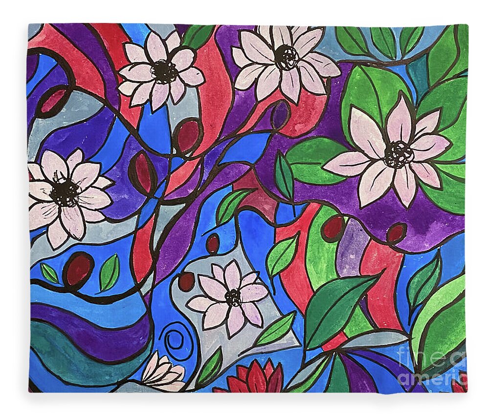 Flowers Fleece Blanket featuring the mixed media Flowers and Curves by Lisa Neuman